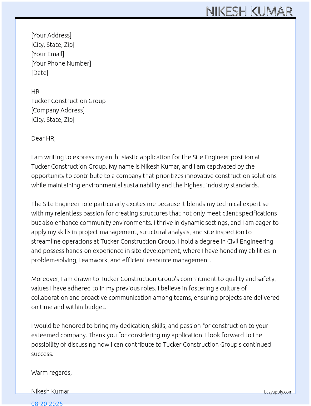 Site Engineer  At Tucker  Construction Group  Cover Letter