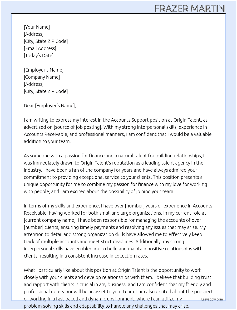 Accounts Support At Origin Talent Cover Letter