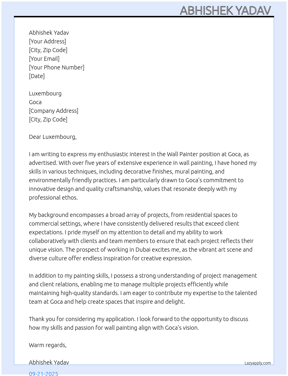 Cover letter for wall painter - LazyApply