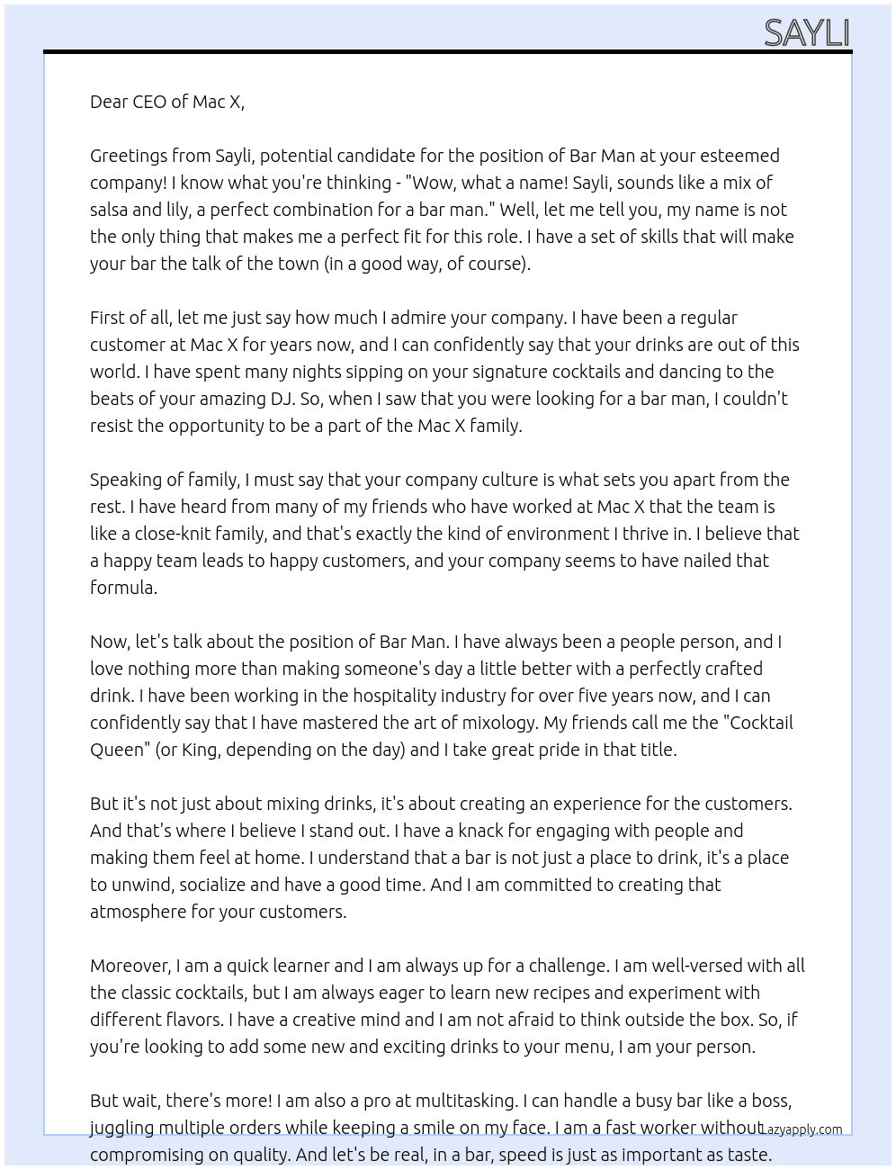 bar man At mac x Cover Letter