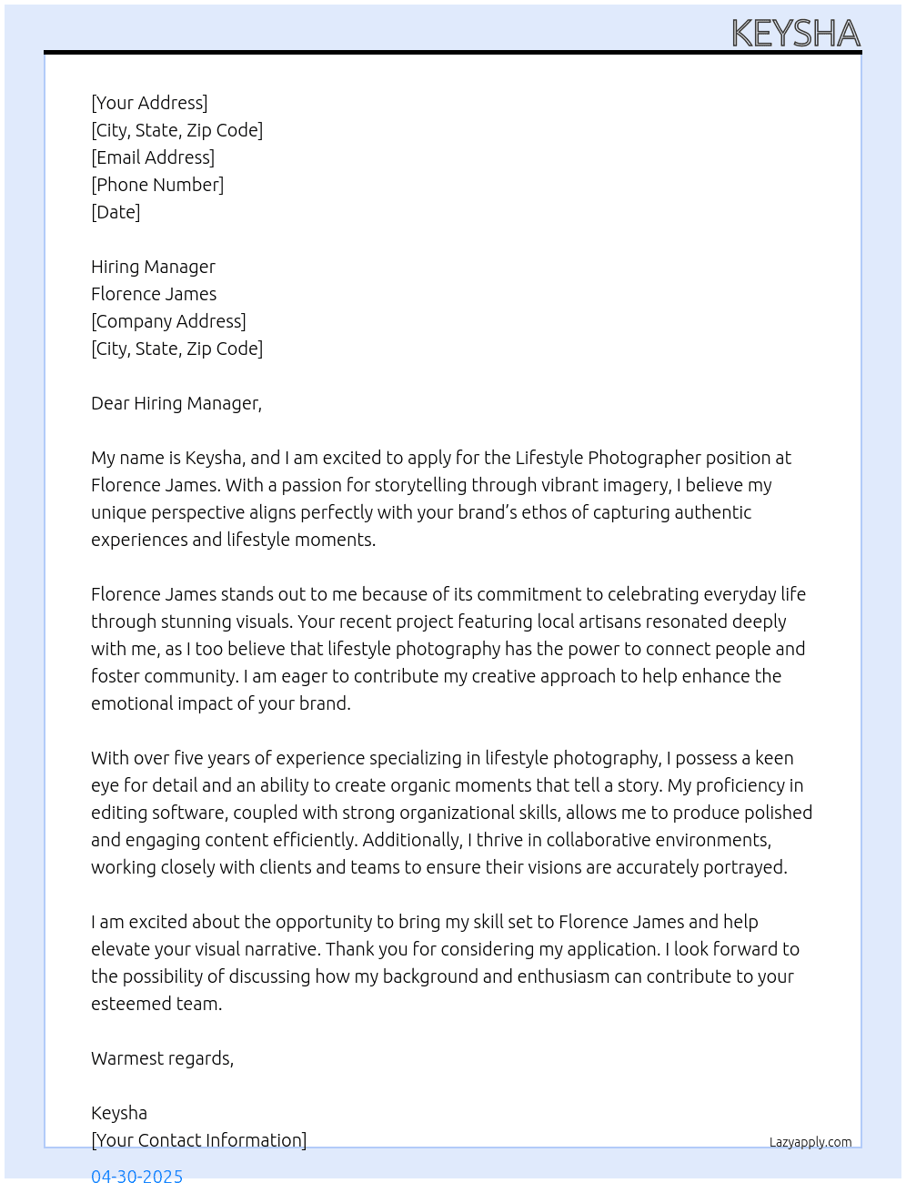 Lifestyle Photographer At Florence James Cover Letter