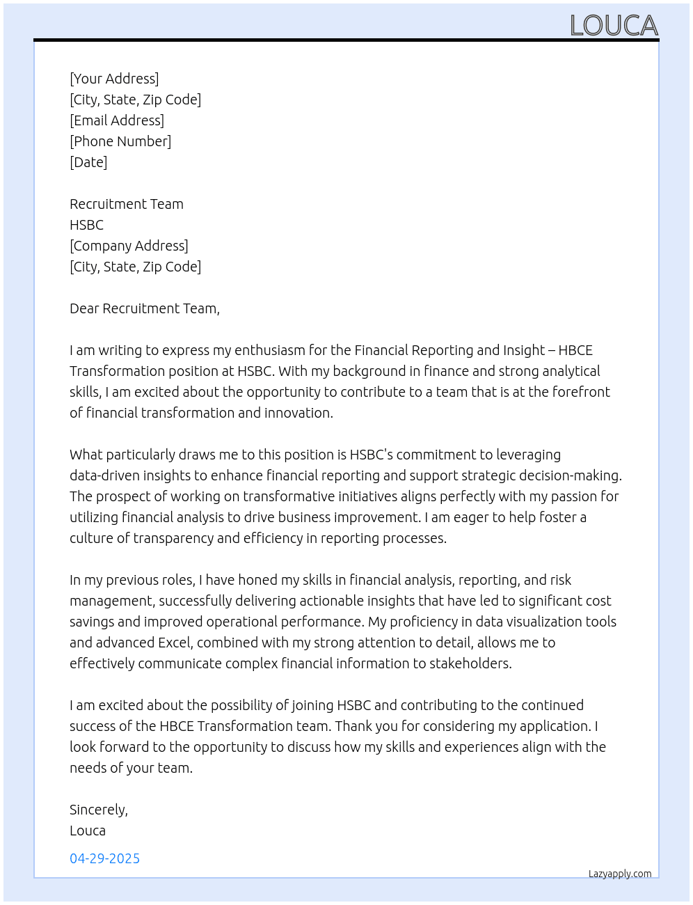 Financial Reporting and Insight – HBCE Transformation position At HSBC Cover Letter