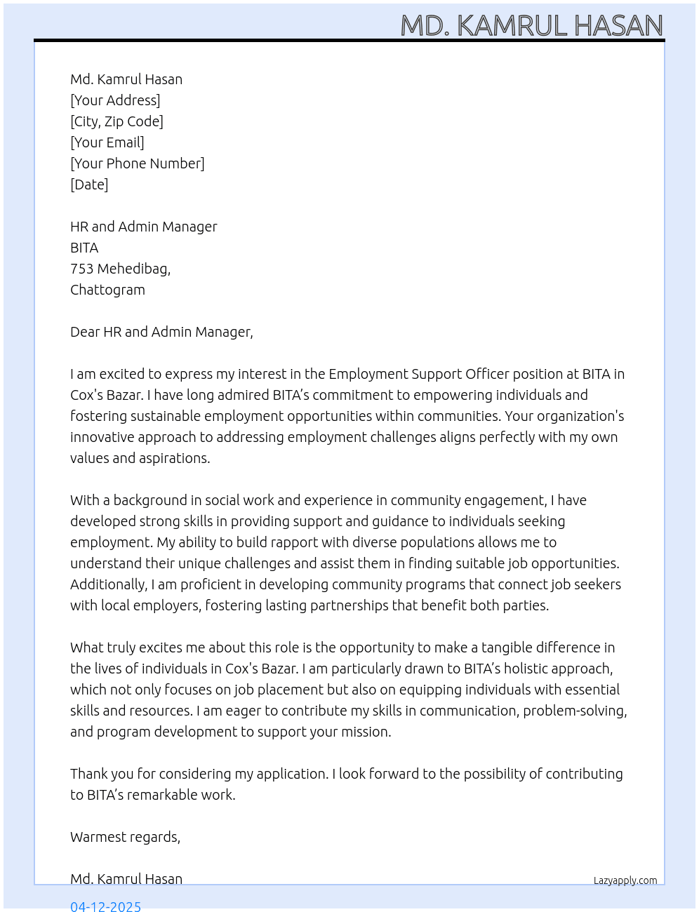 Employment Support Officer (Cox's Bazar) At BITA 753 Mehedibag, Chattogram Cover Letter