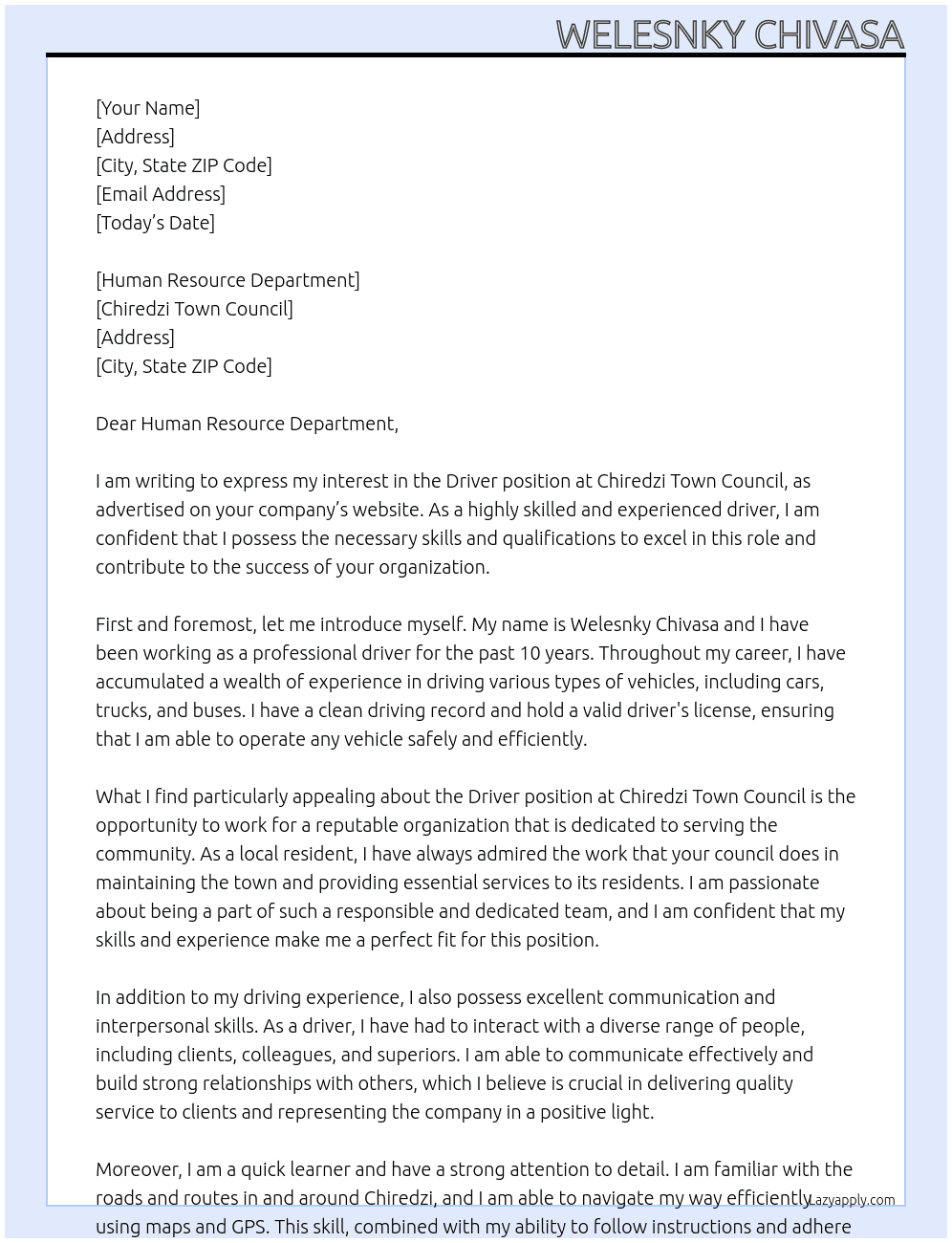 driver At chiredzi town council Cover Letter