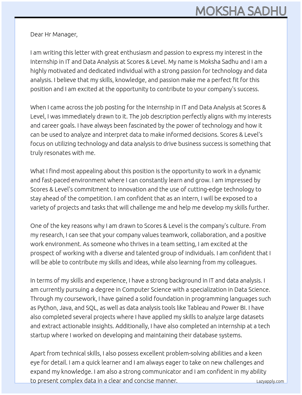 internship in IT and Data analysis  At Scores & Level Cover Letter