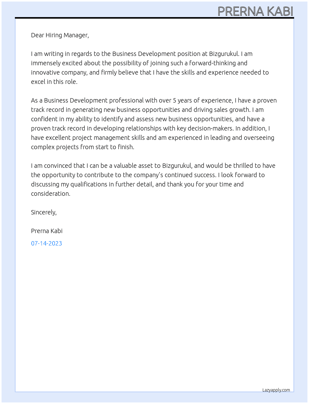 Business Development At Bizgurukul Cover Letter
