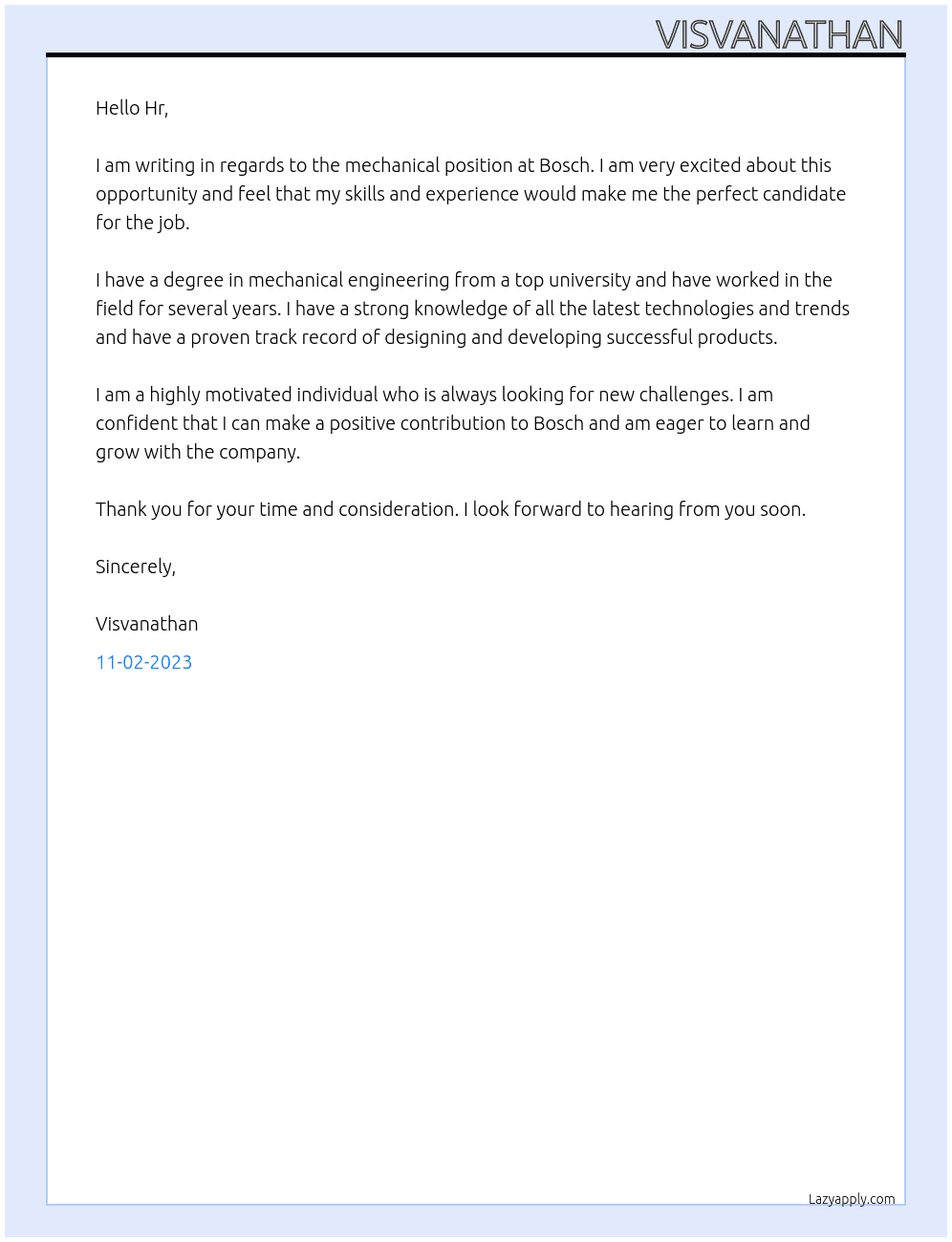 Mechanical At Bosch Cover Letter