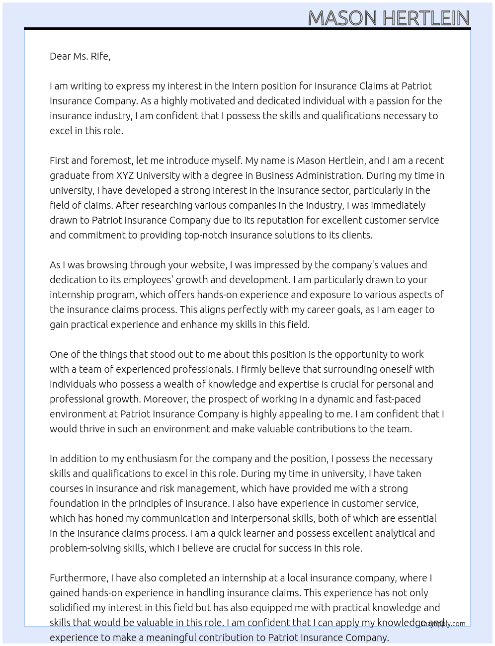 Intern - Insurance Claims At Patriot Insurance Company  Cover Letter