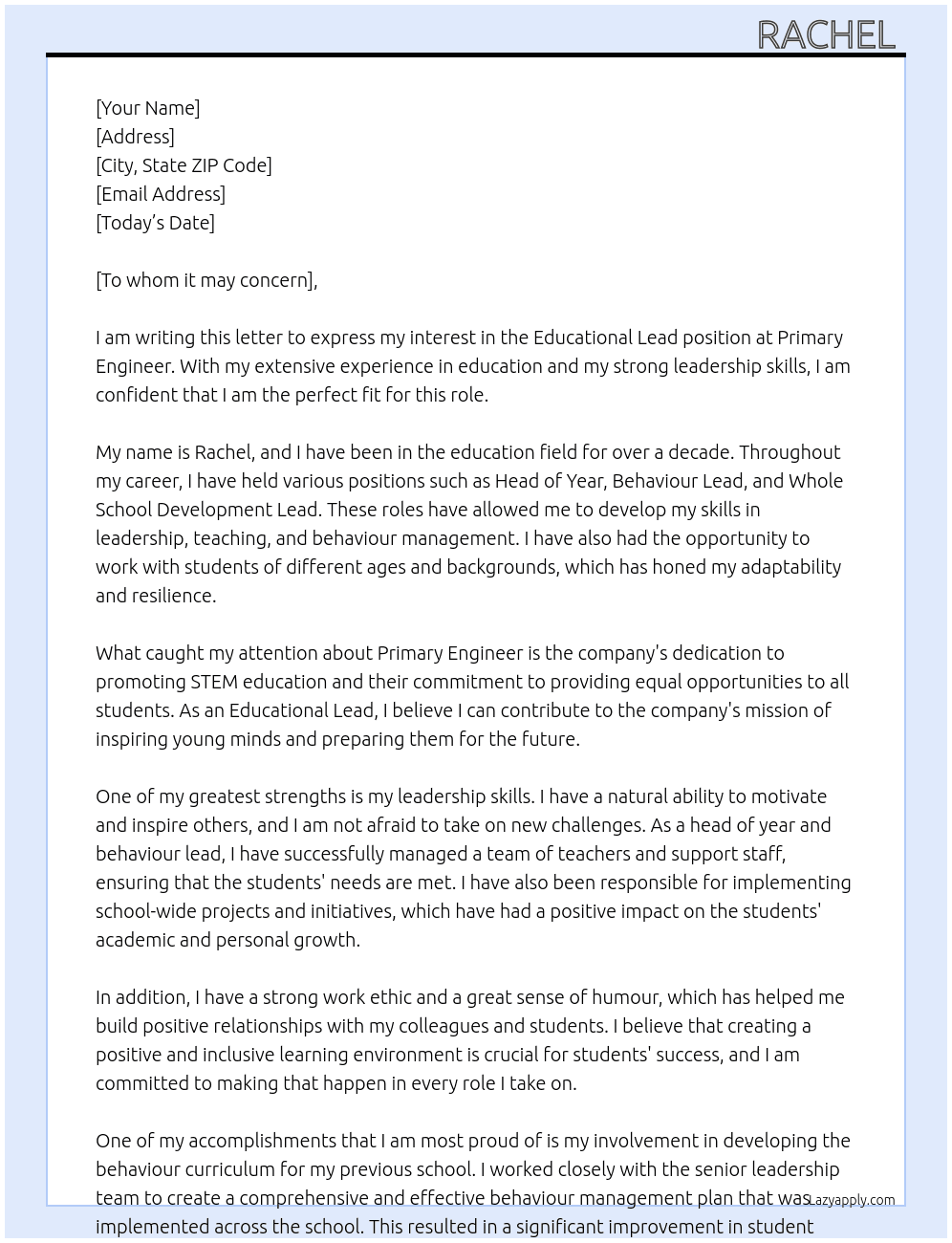 Educational lead  At Primary Engineer Cover Letter
