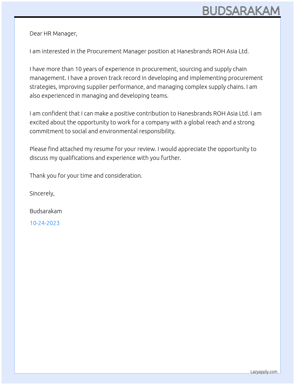 Procurement Manager At Hanesbrands ROH Asia Ltd. Cover Letter
