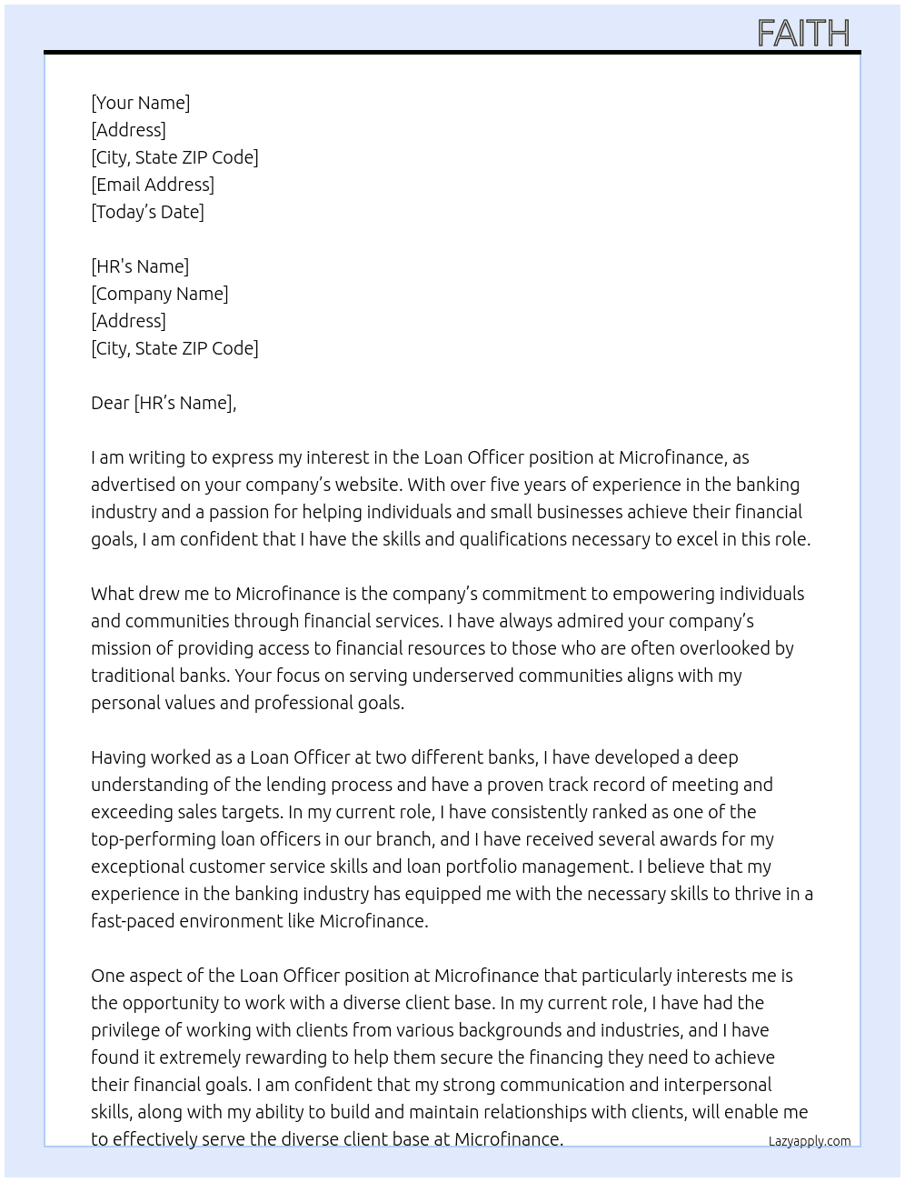 Loan officer  At Microfinance  Cover Letter