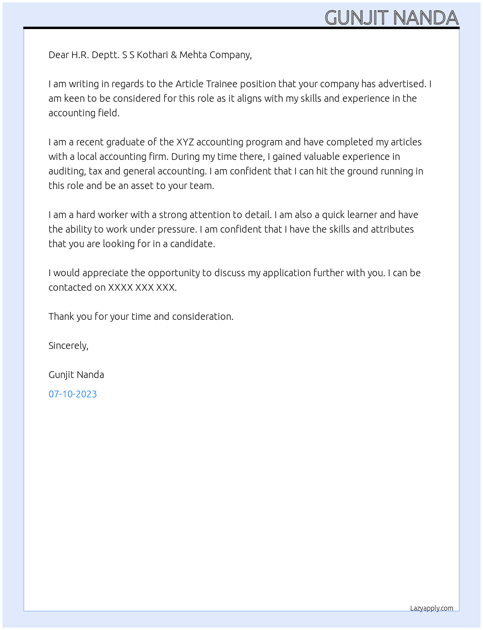 Article Trainee At S S Kothari & Mehta Company  Cover Letter