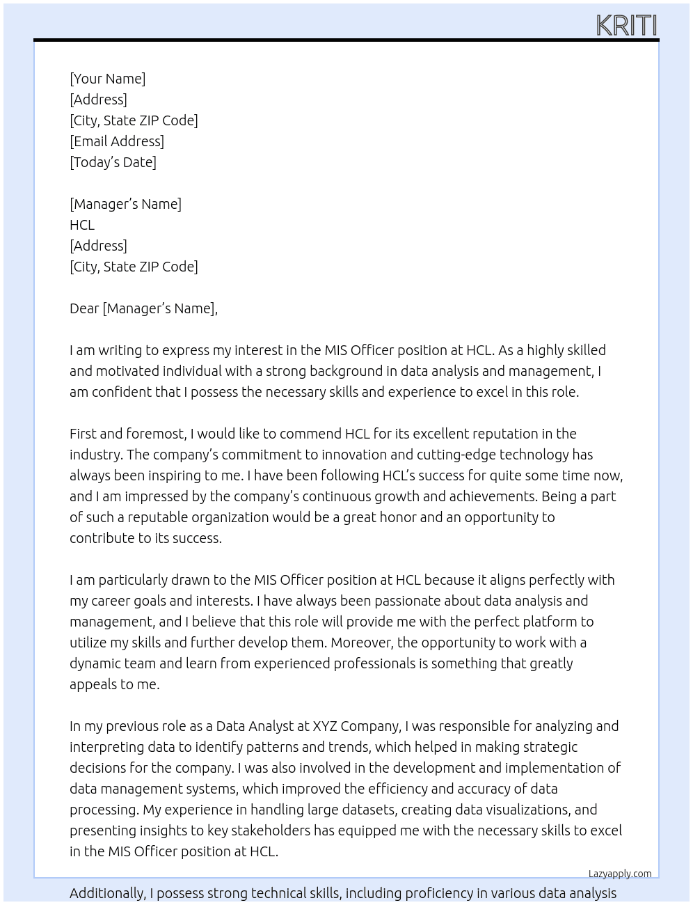 MIS Officer At HCL Cover Letter