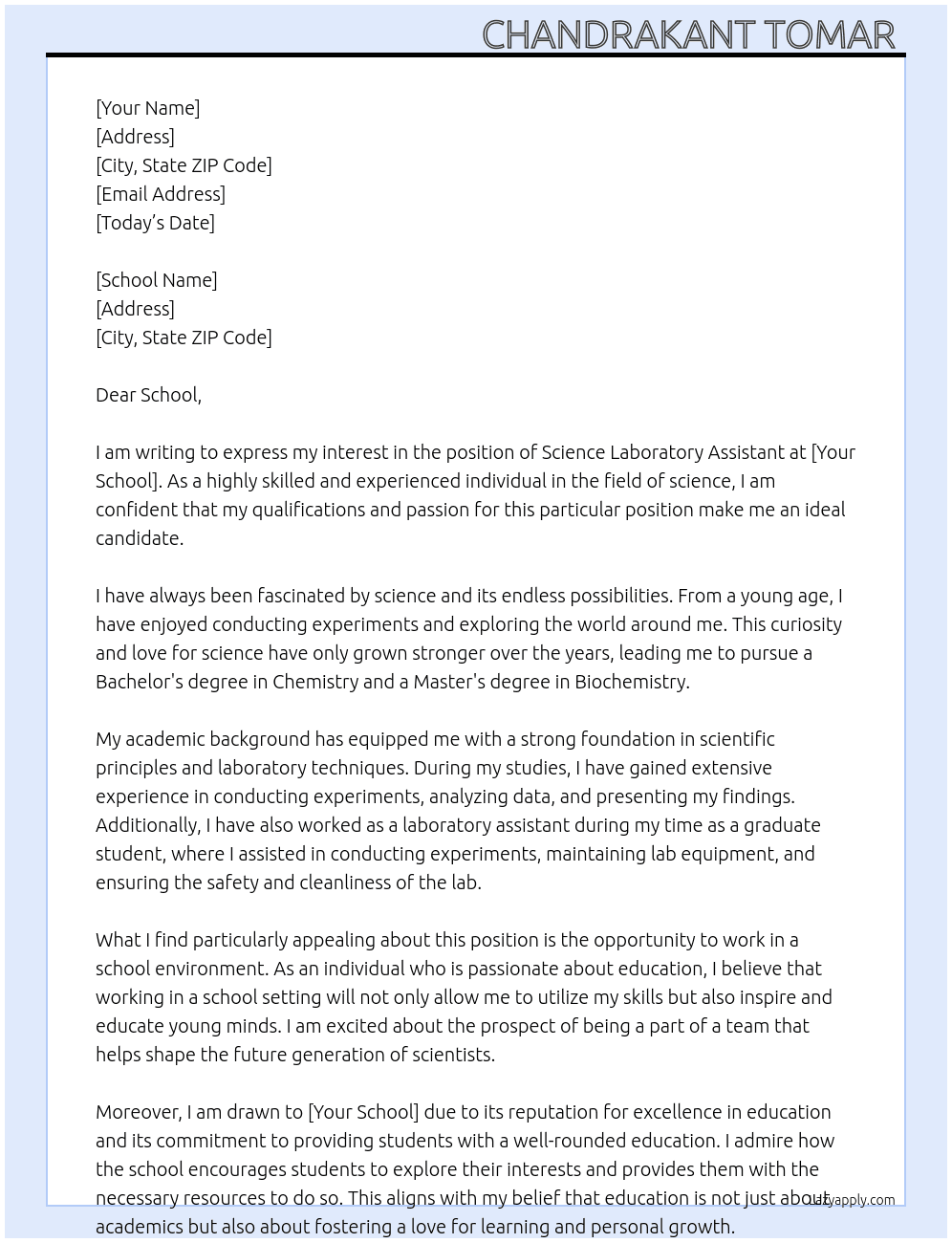 Science laboratory assistant  At Your school  Cover Letter