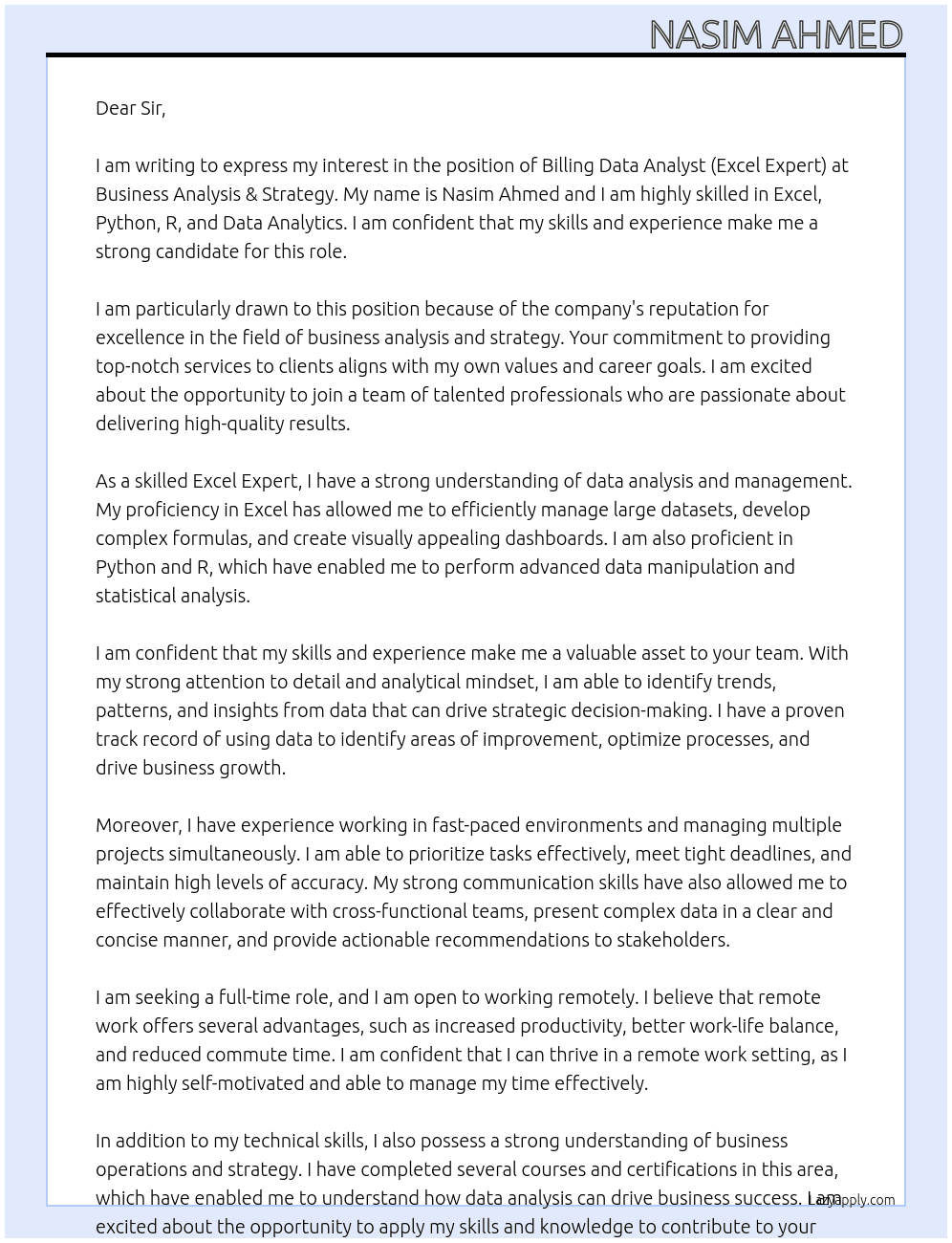 Billing Data Analyst (Excel Expert) At Business Analysis & Strategy Cover Letter