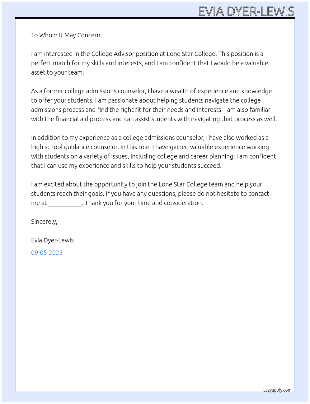 College Advisor At Lone Star College Cover Letter