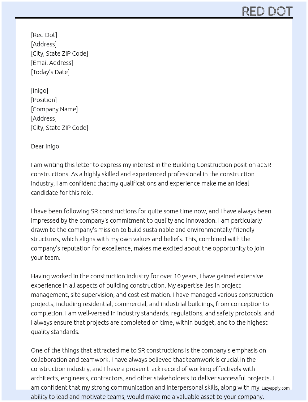 Building Construction At SR construstions Cover Letter