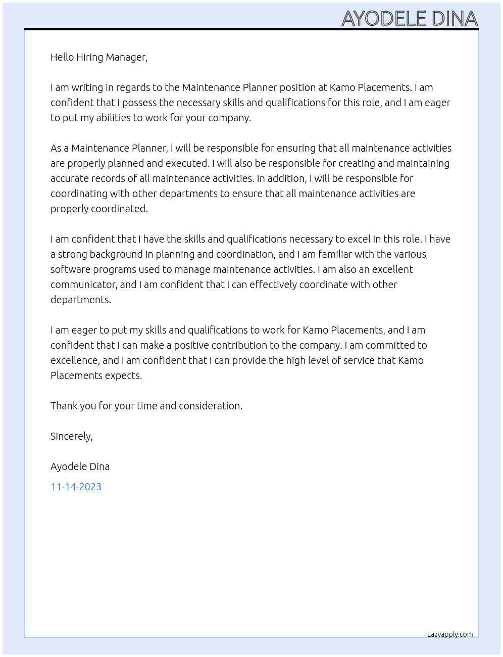 Maintenance planner  At Kamo Placements Cover Letter