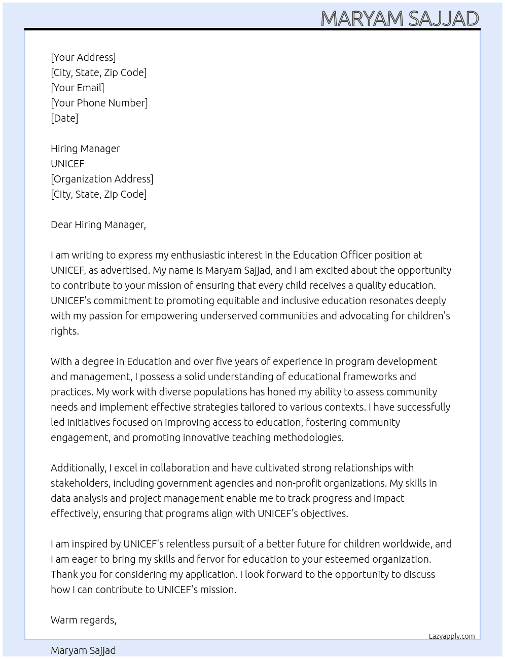 Cover letter for education officer - LazyApply