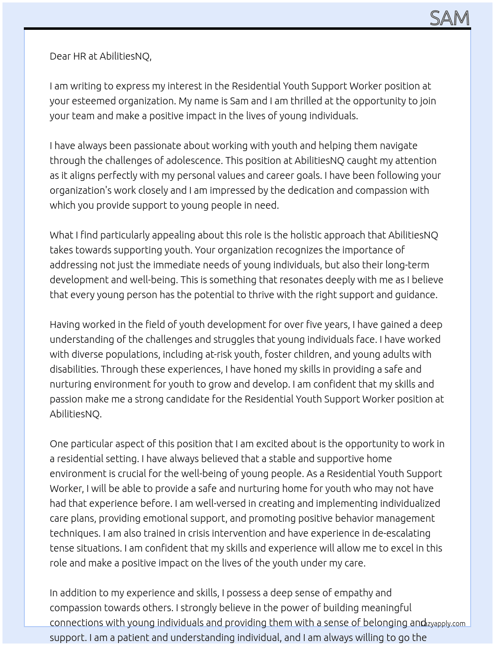 Residential Youth Support Worker At AbilitiesNQ  Cover Letter