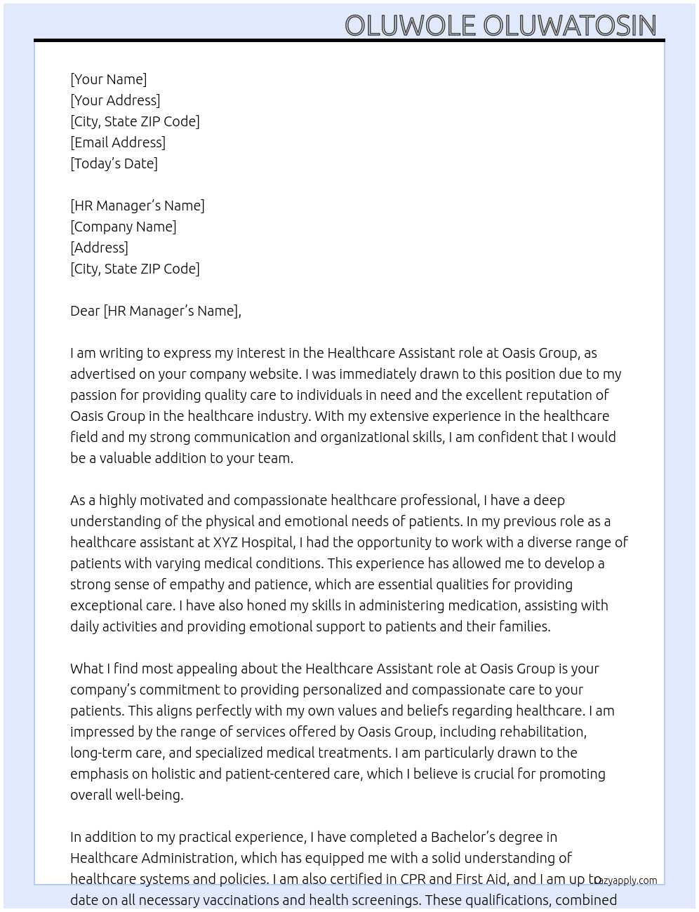 Healthcare Assistant Role  At Oasis Group Cover Letter