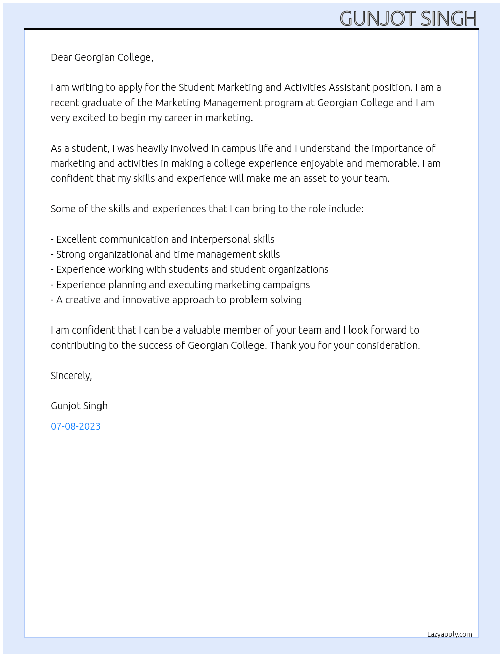 Student Marketing and Activities Assistant At Georgian College Cover Letter