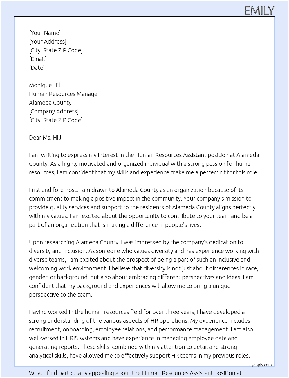 Human Resources assistant At Alameda County Cover Letter