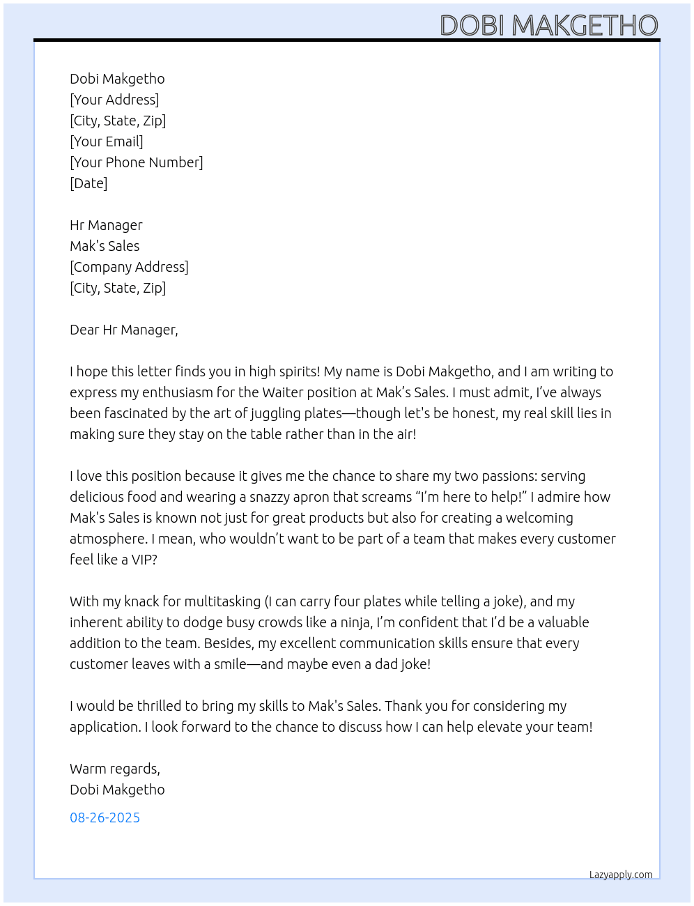 Waiter At Mak's sales Cover Letter