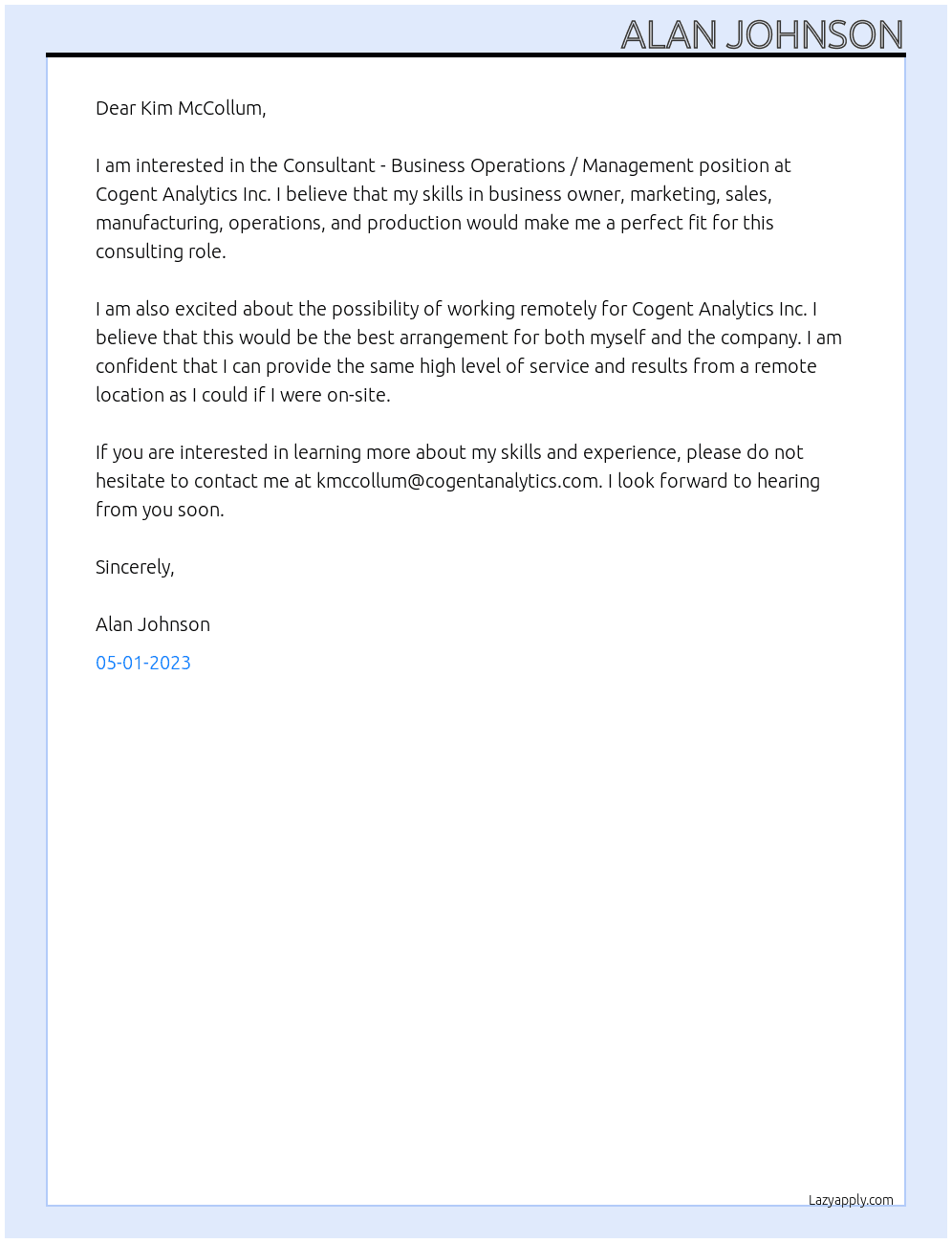 Consultant - Business Operations / Management At Cogent Analytics Inc. Cover Letter