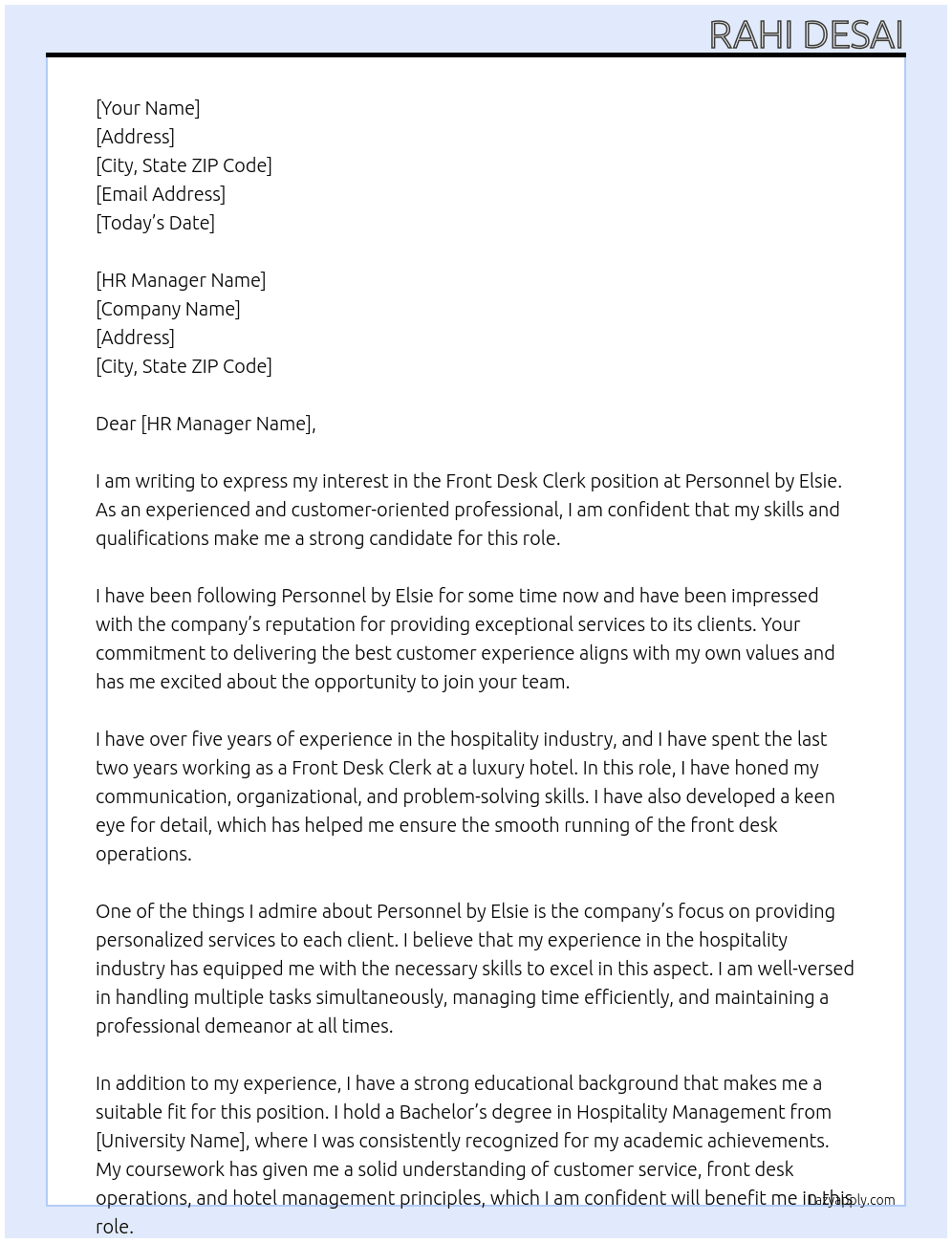 Front Desk Clerk At Personnel by Elsie Cover Letter