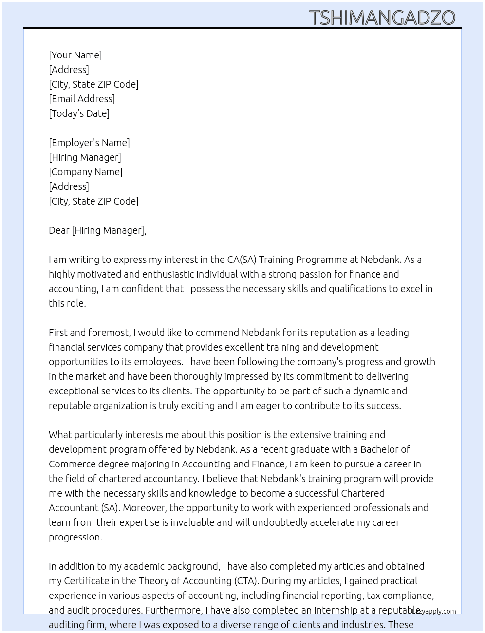 CA(SA) Training programme  At Nebdank Cover Letter