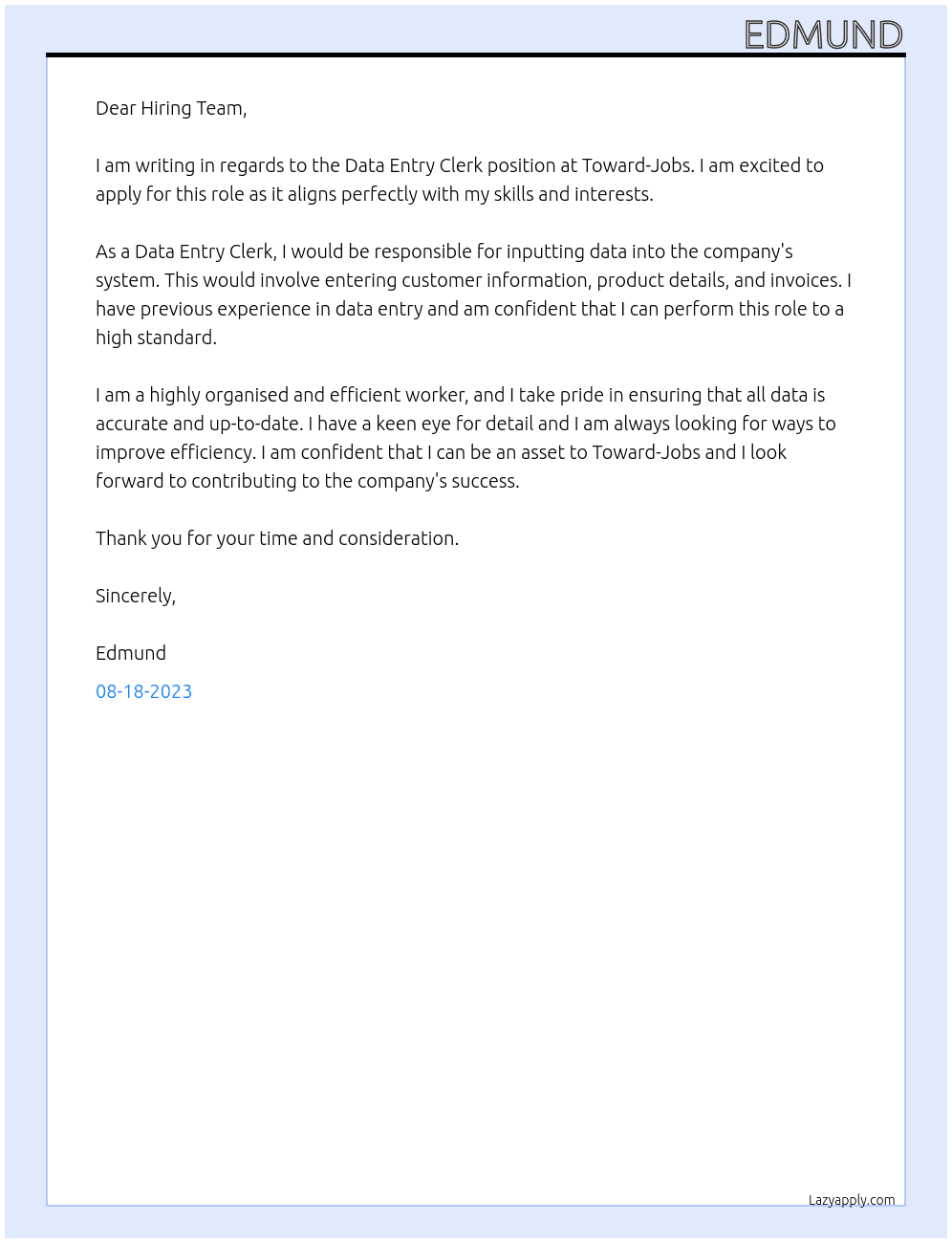 Data Entry Clerk At Toward-Jobs Cover Letter