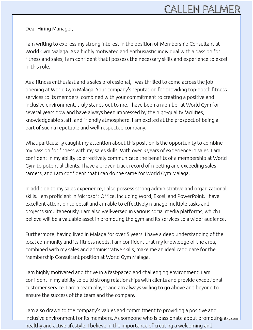 Membership Consultant  At World Gym Malaga Cover Letter