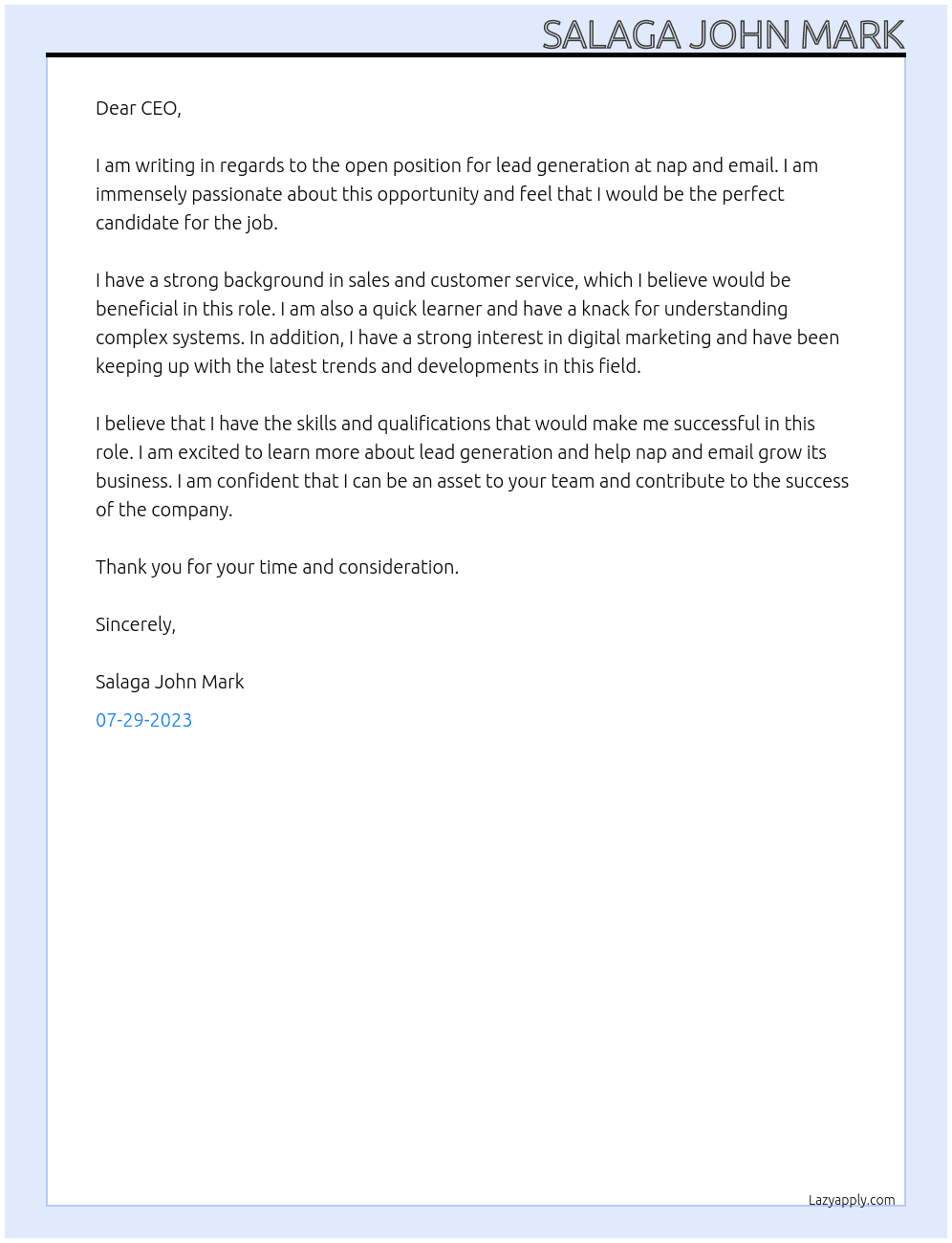 lead generation At nap and email Cover Letter