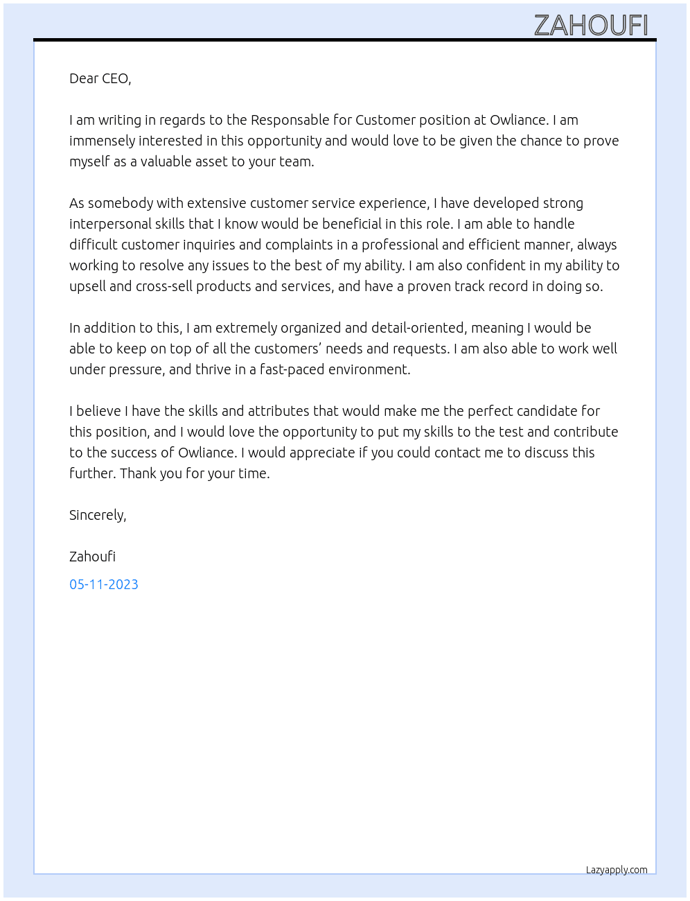 responsable for customer  At Owliance  Cover Letter