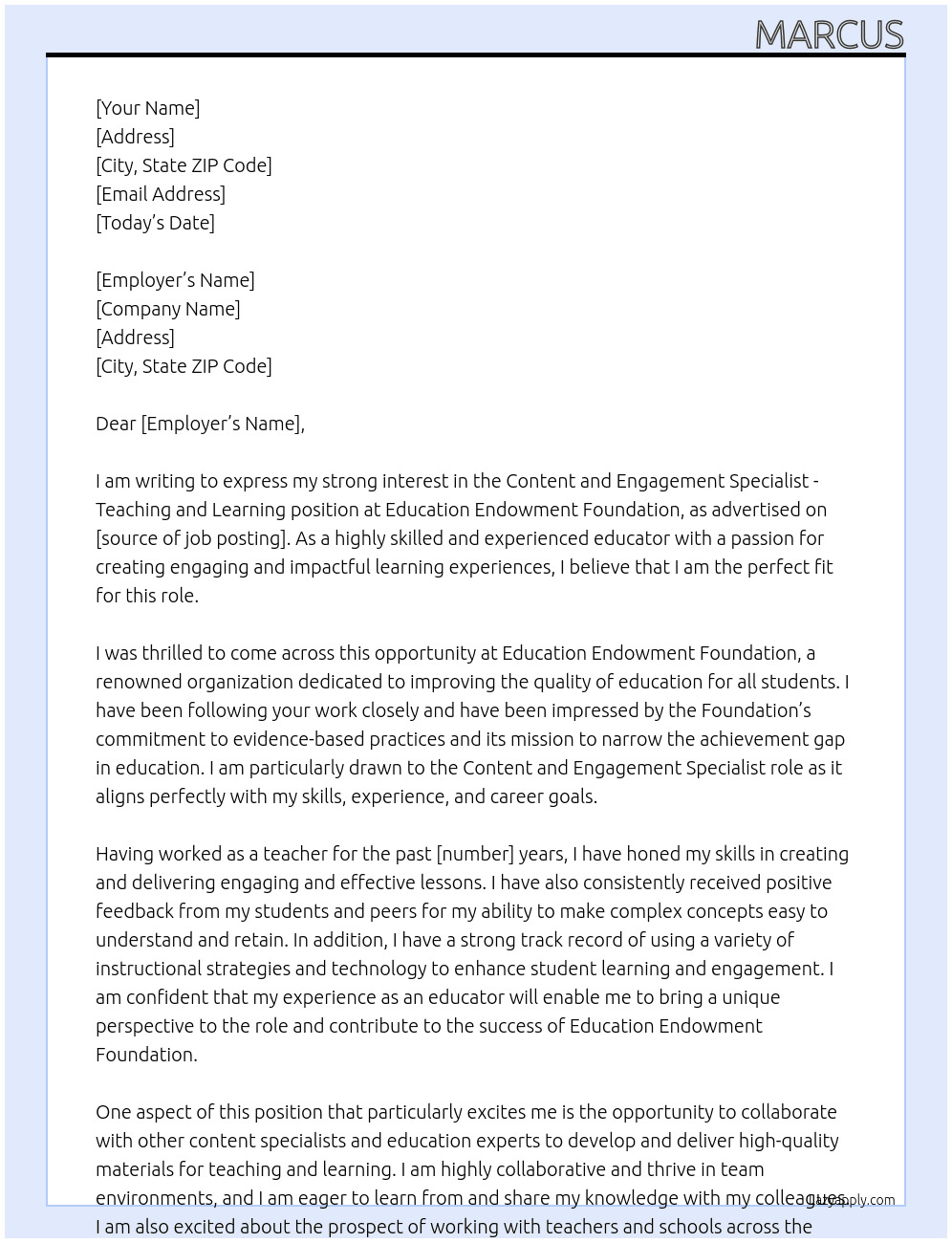 Content and Engagement Specialist - Teaching and Learning At Education Endowment Foundation Cover Letter