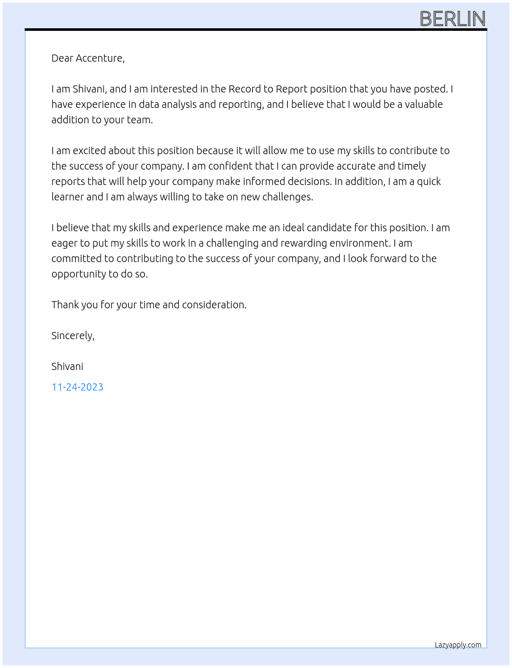 RECORD TO REPORT At ACCENTURE Cover Letter