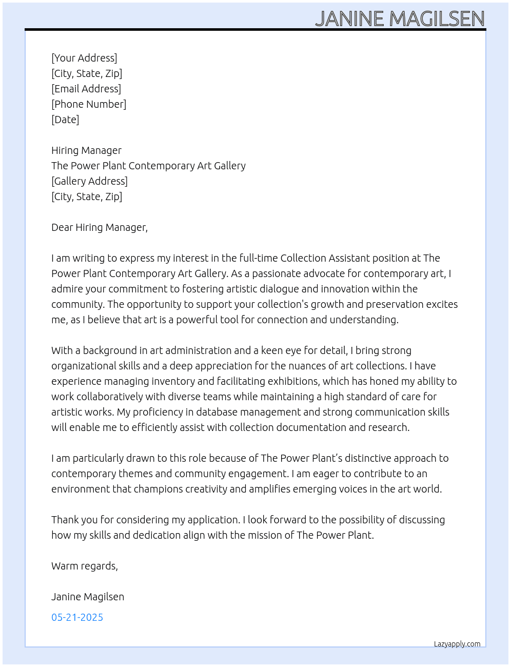 Cover letter for collection assistant - LazyApply