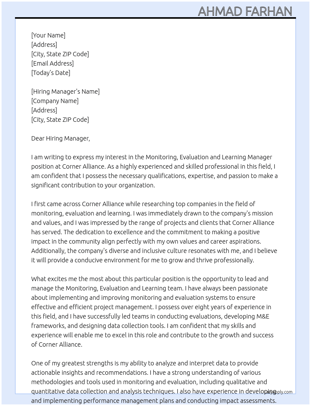 Monitoring, Evaluation and Learning Manager At Corner Alliance  Cover Letter