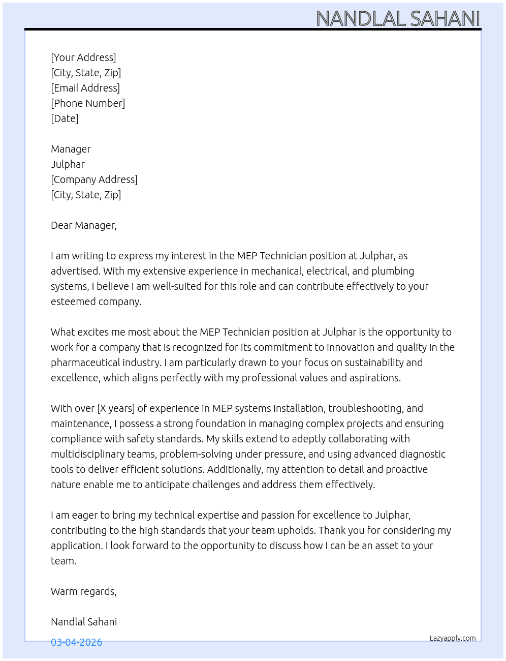 MEP Technician  At Julphar Cover Letter