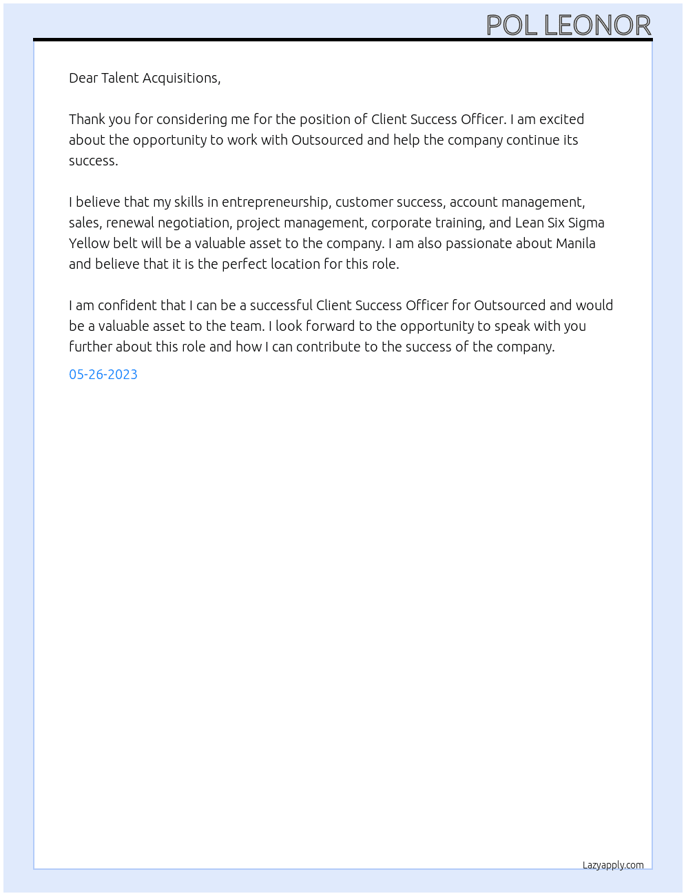 Client Success Officer At Outsourced Cover Letter