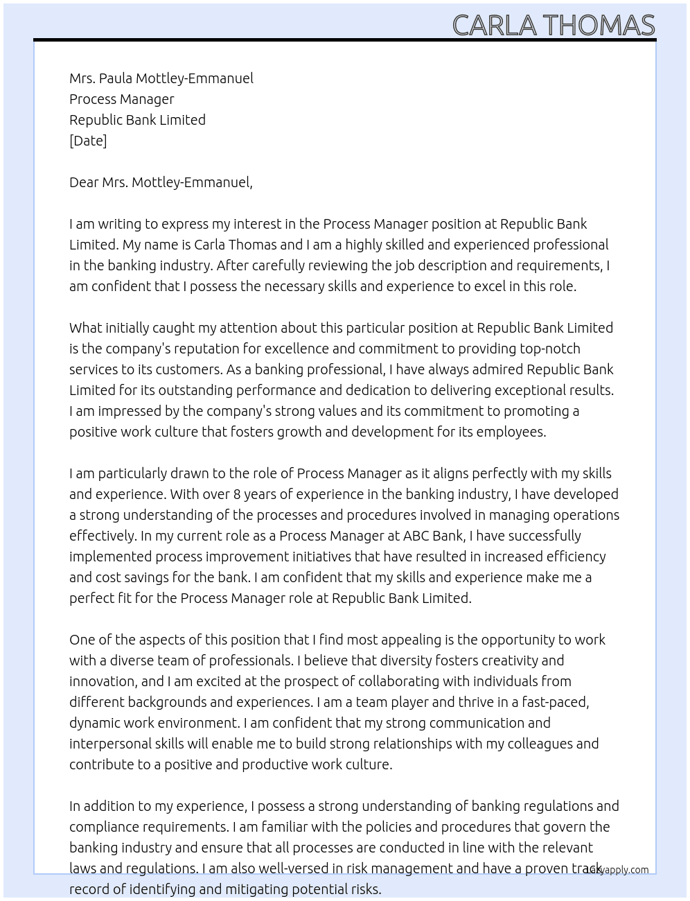 Process Manager At Republic Bank Limited Cover Letter