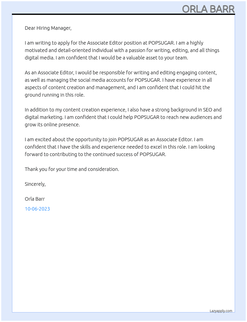 Associate Editor At POPSUGAR Cover Letter