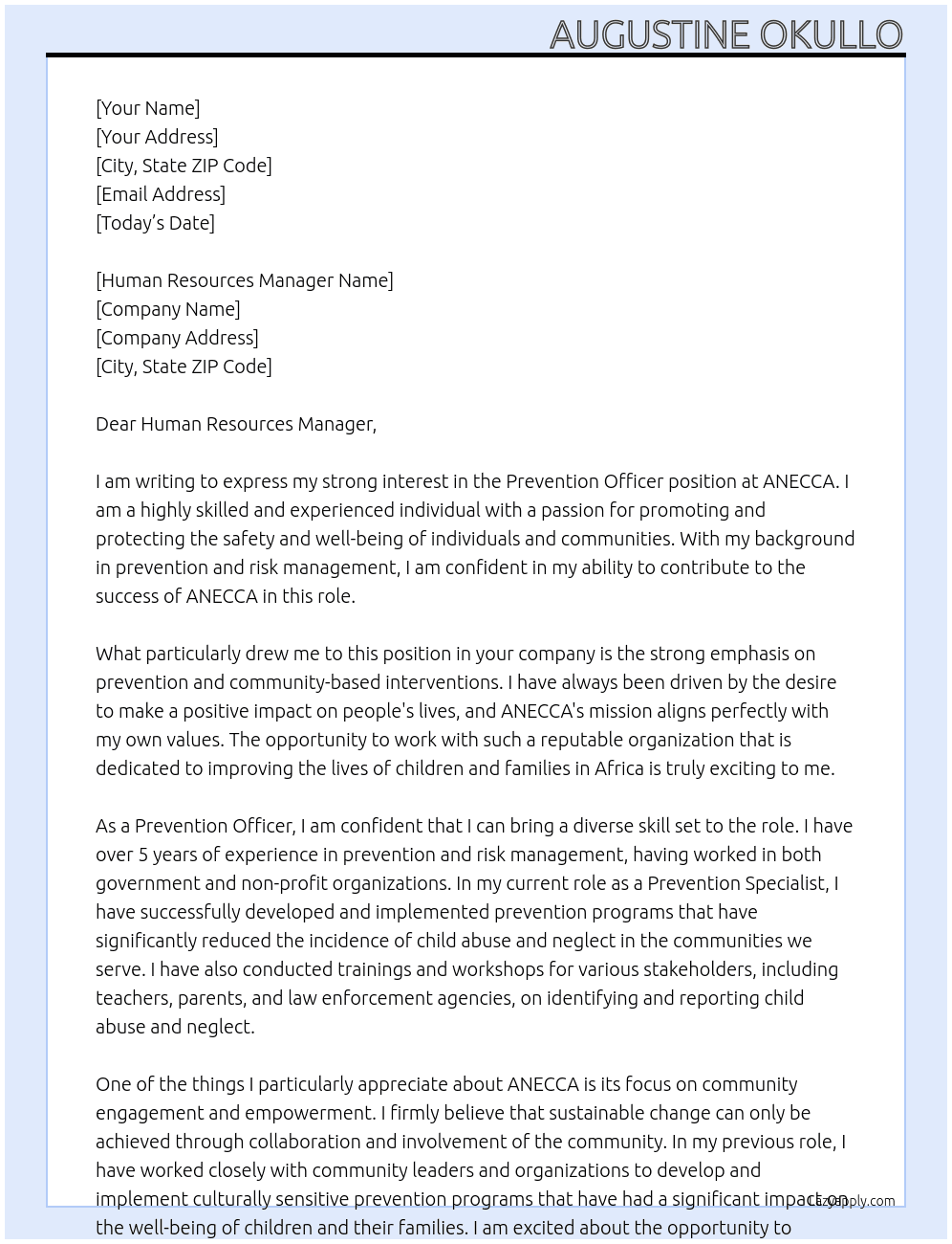 Prevention Officer At ANECCA Cover Letter