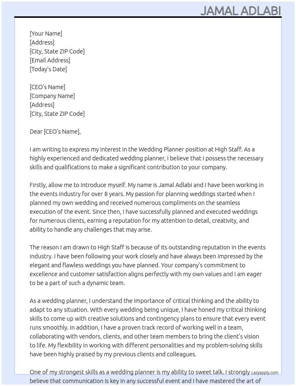 Wedding planner At High Staff  Cover Letter