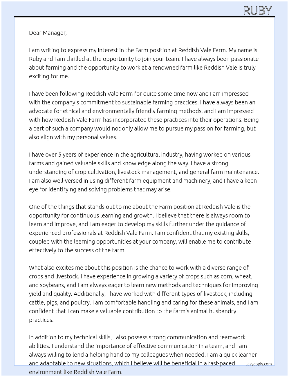 Farm  At Reddish vale farm  Cover Letter
