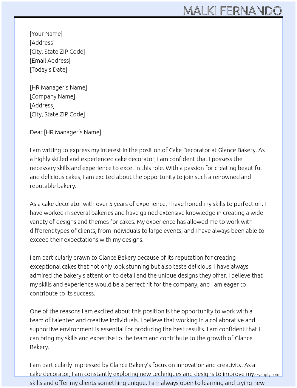 Cake decorator At Glance Bakery Cover Letter