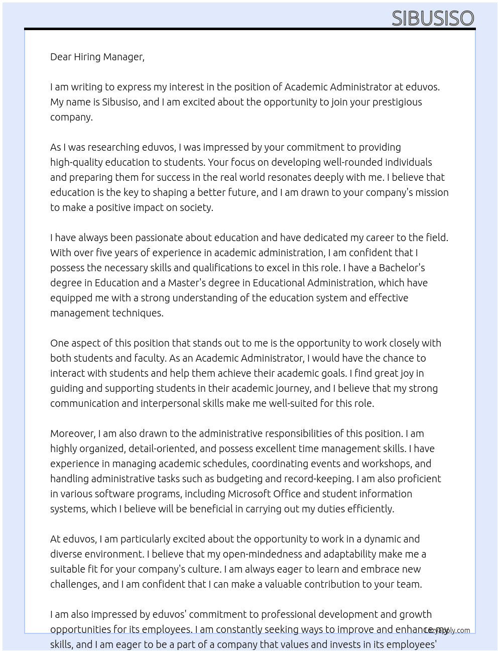 Academic Administrator At eduvos Cover Letter