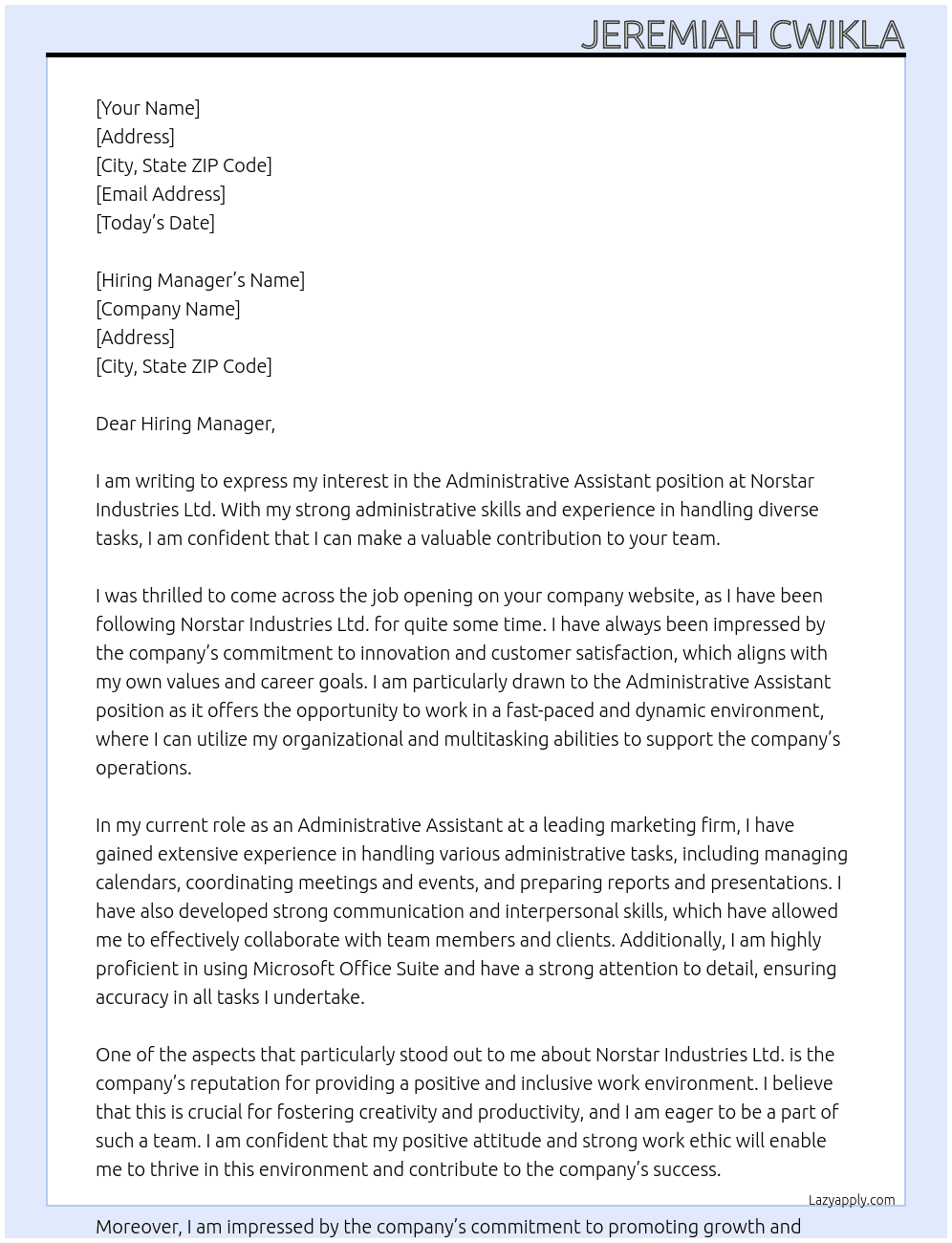 Administrative assistant At Norstar Industries Ltd. Cover Letter