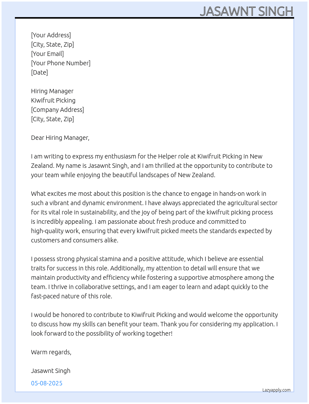 Kiwifruit picking  At Kiwifruit picking  Cover Letter